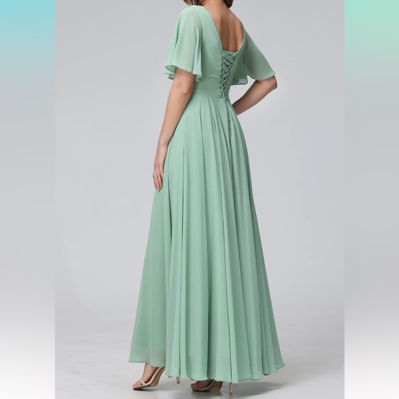 SEIM Women's Flutter Sleeve Bridesmaid Dress Slit V Neck Chiffon Formal Dresses - Picture 3 of 3